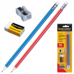 Набор BRAUBERG 2 карандаша (корп.из дерева)+стирательная резинка+точилка, на блистере, арт. 180338