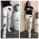 Брюки с прорезями вышивка роза-белые IN