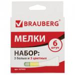 Мел BRAUBERG, НАБОР 6 шт., (3 белых и 3 цветных), квадратный, 227442