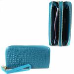 Кошелек женский натуральная кожа 911-2,  на 2 молнии+ручка/петля,  7отд+8карм,   (внутри иск/к)  крок матов,  бирюзовый 136184