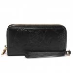 Кошелек женский натуральная кожа 911-2,  на 2 молнии+ручка/петля,  7отд+8карм,   (внутри иск/к)  цветы,  черный 221860