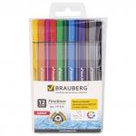 Ручки капиллярные BRAUBERG НАБОР 12шт., АССОРТИ, Aero, трехгранные, метал.наконеч,0,4мм,141525