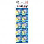 Батарейка SONNEN Alkaline,  A76 (G13, LR44), алкалиновая, 1 шт, в блистере (отрывной блок), 451975