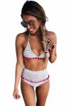 Белый в полоску купальник бикини с высокой талией и помпонами