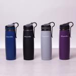 2058 Kamille Бутылка спортивная 500 мл из нержавеющей стали с трубочкой и клипсой (черн.,голуб.,серый, фиолетовый)