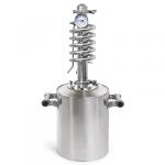 Дистиллятор "Gold-Schnapps 2.0" 14 л, д  25 см, h 70 см, s 1,5 см, горл, д  11 см, сухопарник на кламповых соединениях h 39 см, трубка выхода продукта, д  0,8 см, трубка холодильника, д  1,4 см, длина холодильника 2м, 5 витков в холодильнике, термометр, ш