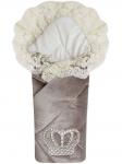 Зимний Конверт-одеяло на выписку "Императорский" (серый с молочным кружевом и большой короной на липучке)