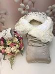 Зимний Конверт-одеяло на выписку "Блюмарим" (бежевый с молочным кружевом и стразами на молнии)