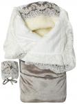 Зимний конверт-одеяло на выписку "Блюмарим" (серый с молочным кружевом, стразами на молнии)