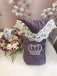 Зимний Конверт-одеяло на выписку "Императорский" (пыльная роза с молочным кружевом и большой короной на липучке) без пледа