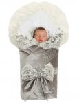 Зимний Конверт-одеяло на выписку "Блюмарим" (серый с молочным кружевом, стразами и бантом)