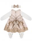 Комплект на выписку "Принцесса" АТЛАС комбинезон и платье (золотое к золотым кружевом)