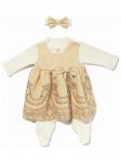 Комплект на выписку "Герцогиня" комбинезон и платье (бежево-песочный с золотым кружевом)