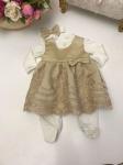 Комплект на выписку "Герцогиня" комбинезон и платье (бежево-песочный с золотым кружевом)
