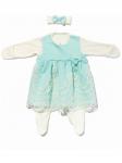 Комплект на выписку "Герцогиня" комбинезон и платье (Тиффани бирюза с молочным кружевом)