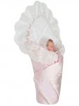 Летний конверт-одеяло на выписку "Империя" нежно-розовый атлас с белым кружевом и большой короной на липучке