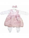 Комплект на выписку "Герцогиня" комбинезон и платье (Утренняя роза, розовый с розовым кружевом)
