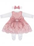 Комплект на выписку "Принцесса" Русский Сатин комбинезон и платье Розочка (розовое с розовым кружевом )