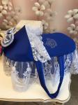 Люлька-переноска для новорожденного "Роскошь" (синяя с белым кружевом, стразами, бантом)