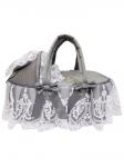 Люлька-переноска для новорожденного "Роскошь с бантиками" (серая с белым кружевом, стразами, бантом)