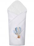 Летний конверт-одеяло на выписку "Зайка на воздушном шаре" (белое, принт без кружева)