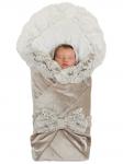 Летний конверт-одеяло на выписку "Блюмарим" (бежевый с молочным кружевом, стразами и бантом)