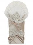 Летний конверт-одеяло на выписку "Блюмарим" (бежевый с молочным кружевом, стразами и бантом)