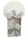 Летний конверт-одеяло на выписку "Блюмарим" (серый с молочным кружевом, стразами и бантом)