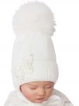Шапочка теплая с белым помпоном из песца и бабочкой