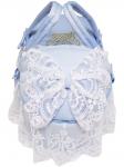 Люлька-переноска для новорожденного "Роскошь с бантиками" (голубая с белым кружевом, стразами, бантом)