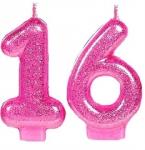 Свеча-цифра 16 розовая с блестками 6051327