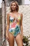 Белый купальник с майо с ярким тропическим принтом и вырезом с завязками на груди