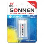Батарейка SONNEN Alkaline, Крона (6LR61, 6LF22, 1604A), алкалиновая, 1 шт, блистер, 451092