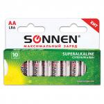 Батарейки КОМПЛЕКТ 10шт, SONNEN Super Alkaline, АА (LR06,15А), алкалиновые, пальчиковые,короб,454231