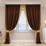 Комплект штор 142, (270*200)х2 + подхваты 2шт золотисто-коричневый  (возможно дополнительное комплектование занавеской из вуали артикул № 100, 270*500 белый, шампань )