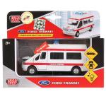МАШИНА "ТЕХНОПАРК" МЕТАЛЛ. ИНЕРЦ. FORD TRANSIT СКОРАЯ ПОМОЩЬ 13СМ, СВЕТ+ЗВУК В КОР. в кор.2*24шт