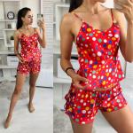 Атласный костюм топ и шорты красный в цветной горох AN123