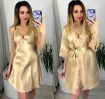 Атласный комплект пеньюар и халатик бежевый AN123