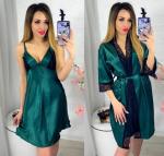 Атласный комплект пеньюар и халатик зеленый AN123