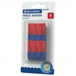 Ластики BRAUBERG "Ultra" НАБОР 6 шт., размер ластика 41*14*8мм, красно-синие, натур. каучук, 229599