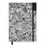 Бизнес-блокнот, А5, арт. 51532/ 15 ЗЕБРЫ (150x212 мм, 96 л., твёрдый переплёт 7БЦ, ниткошвейный, флок, белый офсет 70 г/м2, печать в одну краску, точка, справочный материал: нет, печать форзаца: печать пантоном, закладка: одно ляссе, ПЭТ-пакет)