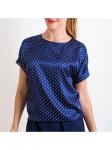 00249 Блузка атласная темно-синяя в белый горошек.