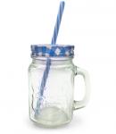 Кружка с крышкой и трубочкой из упрочн. стекла, 400 мл, голубая клетка