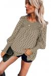 Бежевая блуза в горошек с рюшами
