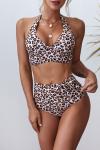 Бежевый купальник бикини с леопардовым принтом: топ халтер с V-образным вырезом + плавки с высокой талией на завязках