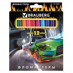 Фломастеры BRAUBERG InstaRacing, 12 цв., вент.колп, карт.упак. выб.лак, увелич срок службы, 150548