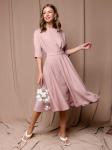 ***Платье пыльно-розового цвета длины миди с защипами на талии