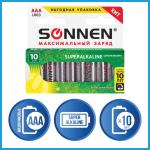 Батарейки КОМПЛЕКТ 10шт, SONNEN Super Alkaline, AAA (LR03,24А),алкалиновые,мизинчиковые,короб,454232
