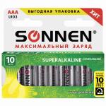 Батарейки КОМПЛЕКТ 10шт, SONNEN Super Alkaline, AAA (LR03,24А),алкалиновые,мизинчиковые,короб,454232