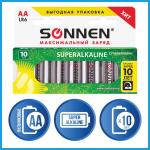 Батарейки КОМПЛЕКТ 10шт, SONNEN Super Alkaline, АА (LR06,15А), алкалиновые, пальчиковые,короб,454231